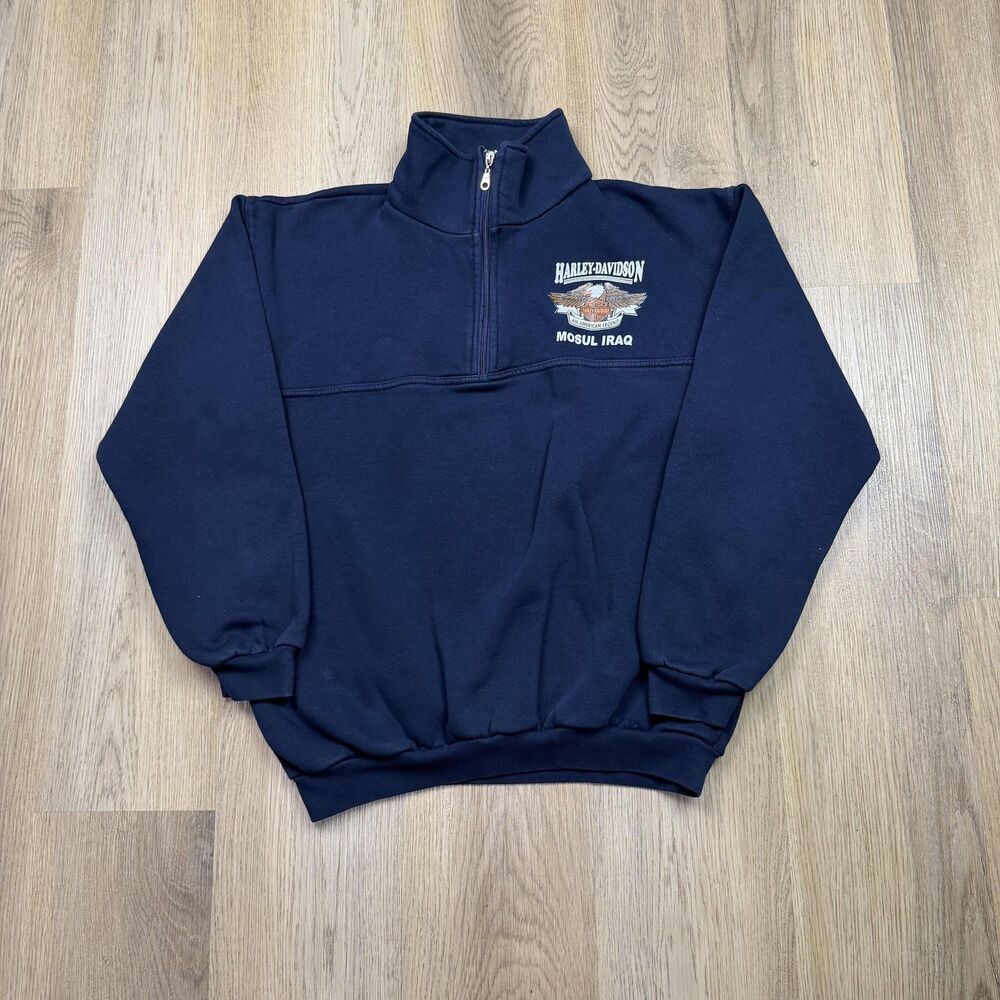 Harley-Davidson Sweatshirt Mens Large Blue 1/4 Zip Mosul Iraq Fleece Pullover